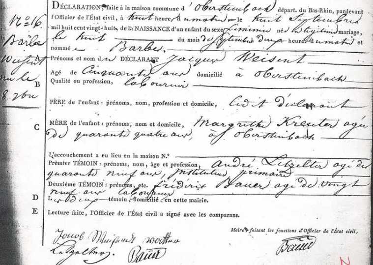 Barbe Weisent Birth Certificate 08.Sept.1828